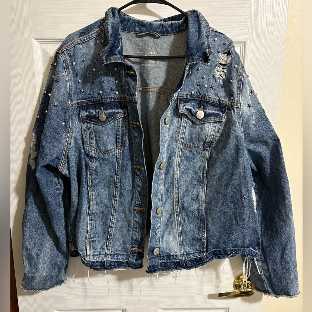 Plus Size Jean Jacket with Pearls & Stars